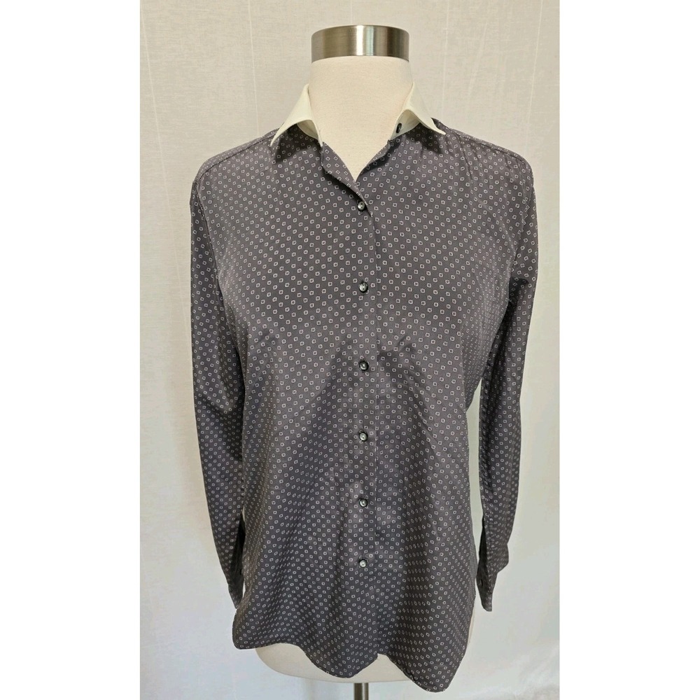 Womens 80s Vintage Button Down Shirt Satin Size 10‎ Gray Flower Print